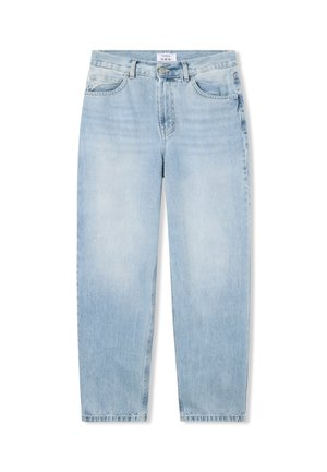 Jeans in denim azzurro chiaro con un design a gamba dritta, dotati di chiusura a bottone, cinque tasche e una leggera scoloritura. Tessuto resistente con una superficie liscia.