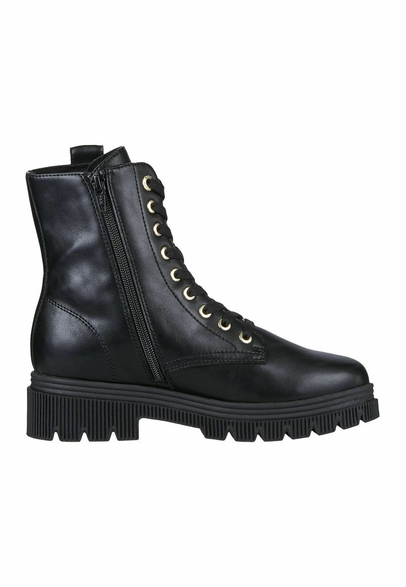 Schwarze Leder-Stiefeletten mit einer vorderen Schnürung, goldenen Ösen und einem seitlichen Reißverschluss. Sie verfügen über eine klobige Gummisohle mit einem strukturierten Muster.
