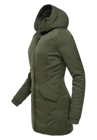 Olive green insulated parka with a hood, featuring a straight cut, elastic cuffs, and two front pockets. Smooth texture and stitched detailing.