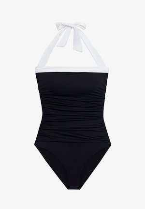 Costum de baie întreg negru cu curea albă tip halter la gât și bandă albă în partea de sus, cu părți strânse pentru un aspect ajustat.