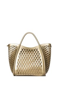 Borsa a tracolla oro con un motivo geometrico a reticolato, superfici lisce, manici arrotondati e design aperto.