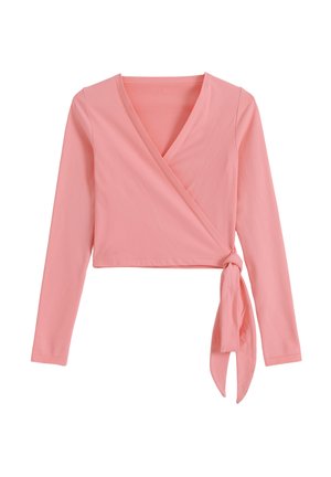 Top rosa de manga larga con escote en V y nudo lateral a la derecha, de largo cropped, tela lisa y suave.