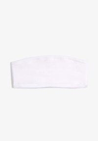 Top bianco senza spalline realizzato in morbido cotone. Presenta un design semplice e uniforme, senza motivi o decorazioni.