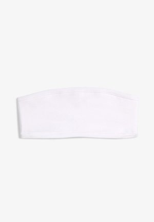 Top bianco senza spalline realizzato in morbido cotone. Presenta un design semplice e uniforme, senza motivi o decorazioni.