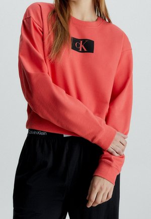 Persona con sudadera coral de Calvin Klein con logo negro y pantalones negros, brazos cruzados a la altura de la cintura, sobre un fondo claro y liso.
