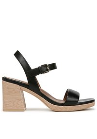 Sandali alti neri in pelle con tacco medio a blocco, cinturino alla caviglia regolabile e fascia larga sulla punta liscia. Accenti in legno testurizzato sul tacco.