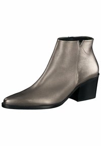 Metalické šedé kotníkové boty s elegantním designem, špičatou špičkou a středně vysokým blokovým podpatkem. Hladký kožený povrch s minimem švů.