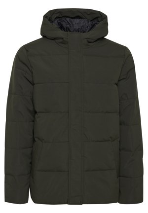 Gewatteerde jas in donker groen, met een hoge kraag, aangehechte capuchon en zijzakken met een soepele, matte afwerking.