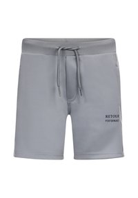 Shorts da nuoto grigi realizzati in tessuto morbido, con vita elasticizzata, cordoncino regolabile e logo stampato "RETROUR PERFORMANCE".