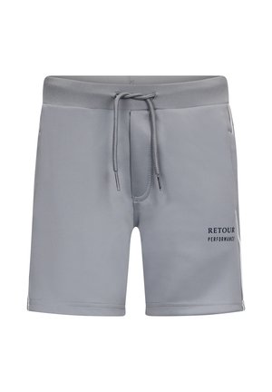 Graue Badeshorts aus glattem Stoff mit einem elastischen Taillenbund, verstellbarem Kordelzug und bedrucktem "RETROUR PERFORMANCE"-Logo.