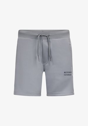 Graue Badeshorts aus glattem Stoff mit einem elastischen Taillenbund, verstellbarem Kordelzug und bedrucktem "RETROUR PERFORMANCE"-Logo.