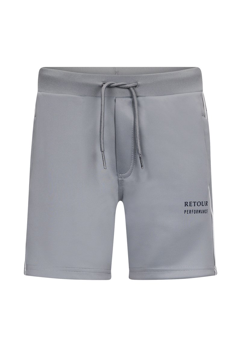 Shorts da nuoto grigi realizzati in tessuto morbido, con vita elasticizzata, cordoncino regolabile e logo stampato "RETROUR PERFORMANCE".