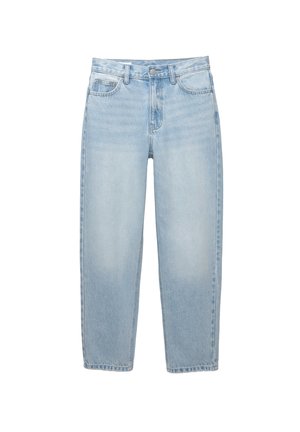 Lichtblauwe denim jeans met een recht gesneden pasvorm, voorzien van vijf zakken, riemlussen en een rits. Geverfd stof met vervagingseffecten.
