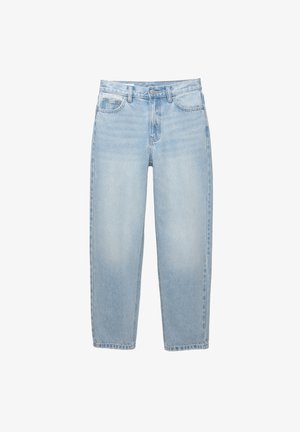 Lysblå denimjeans med lige ben, der har fem lommer, bæltestropper og lynlås. Tekstureret stof med blegningsdetaljer.