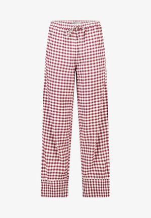 Gepunktete Hose mit einem burgunder- und weißen Karomuster, aus atmungsaktivem Stoff, mit einem elastischen Bund und einer Kordel.
