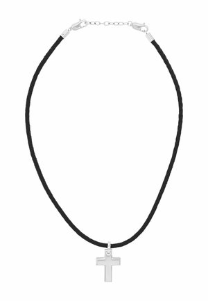 Czarny naszyjnik z plecionego sznurka z srebrnym krzyżem i srebrnymi zapięciami na karabińczyk z regulowanym łańcuszkiem.