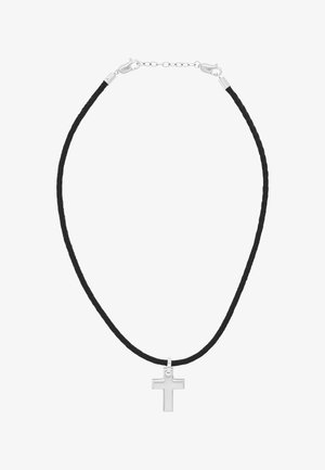 Czarny naszyjnik z plecionego sznurka z srebrnym krzyżem i srebrnymi zapięciami na karabińczyk z regulowanym łańcuszkiem.