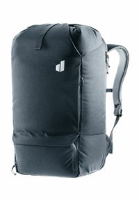 Un sac à dos en tissu noir avec un dessus arrondi, des bretelles ajustables, des fermetures éclair latérales et un petit logo. Texture lisse avec une finition mate.
