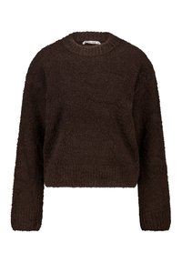 Brauner, kurz geschnittener Pullover mit Rundhalsausschnitt, langen Ärmeln und einem strukturierten, flauschigen Stoff. Verfügt über ein einfaches, einfarbiges Design ohne sichtbare Akzente.