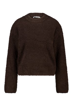 Bruin cropped sweater met een ronde hals, lange mouwen en een gestructureerde, fluffy stof. Heeft een eenvoudig, effen ontwerp zonder zichtbare accenten.