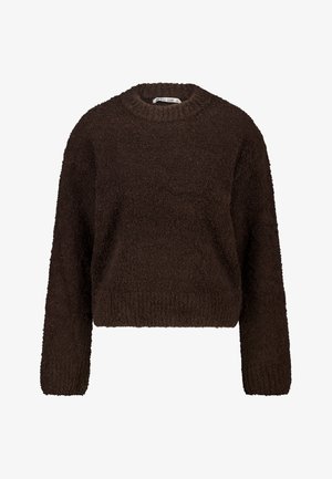 Brown cropped sweater with a round neck, long sleeves, and a textured, fluffy fabric. Features a simple, solid design with no visible accents.