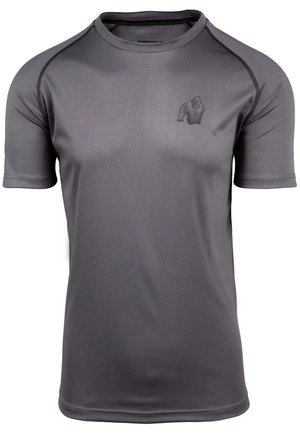 T-shirt de sport à manches courtes en gris, fabriqué en matériau lisse et évacuant l'humidité. Présente un subtil logo de gorille sur la poitrine et des coutures contrastées.