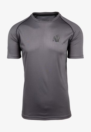 Short-sleeve athletic shirt in gray, made of smooth, moisture-wicking material. Features a subtle gorilla logo on the chest and contrast stitching.
