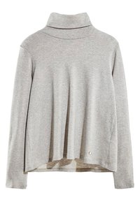 Grauer gerippter Rollkragenpullover mit langen Ärmeln, lässiger Passform und abgerundetem Saum. Merkmale ein kleines Logo-Highlight an der unteren Naht.