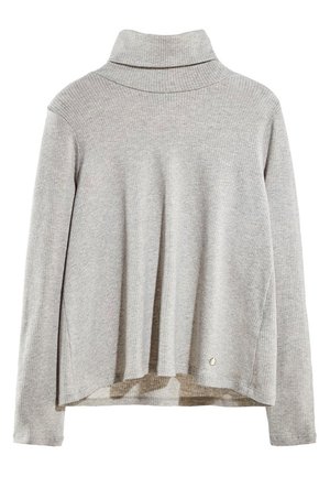 Maglione grigio a collo alto a costine con maniche lunghe, vestibilità rilassata e orlo allungato. Presenta un piccolo logo sul bordo inferiore.