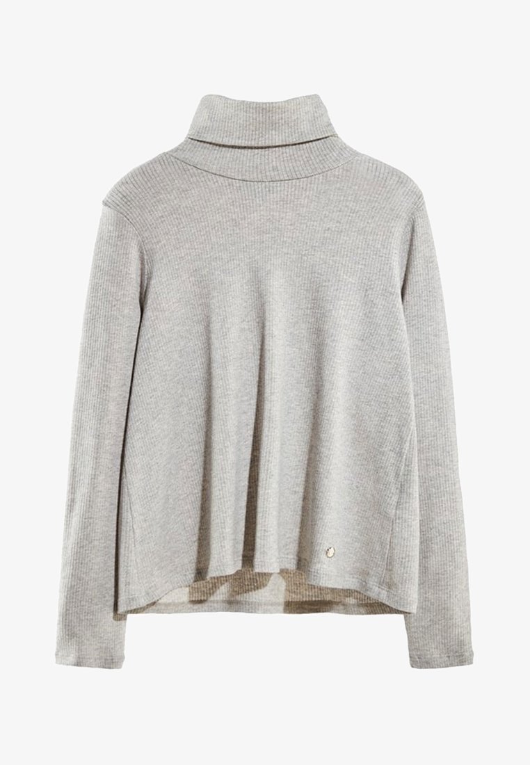 Grauer gerippter Rollkragenpullover mit langen Ärmeln, lässiger Passform und abgerundetem Saum. Merkmale ein kleines Logo-Highlight an der unteren Naht.