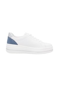 Sneakers in pelle bianca con accenti grigi e blu nel tallone, punta rotonda, chiusura con lace-up e suola bianca chunky.