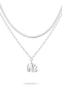 Silberne Halskette mit drei Ketten: einer eleganten Schlangenkette, einer Gliederkette und einem Anhänger mit einem stilisierten Elefanten.