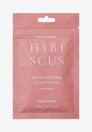 Rosa Verpackung mit der Aufschrift "COLD BREW HIBI SCUS FEUCHTIGKEITS-SPITZENPACKUNG mit Honig", verfügt über weiße Schrift und einen Aufhänger, enthält 50 ml.