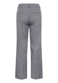 Grå kjolebukser med lige ben og et diskret ternet mønster, baglommer med slids og bæltestropper, vist bagfra på en hvid baggrund.