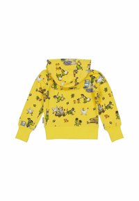 Gul huvtröja med ett lekfullt mönster av djur och verktyg. Den har en känguruficka och en mjuk, texturerad yta.