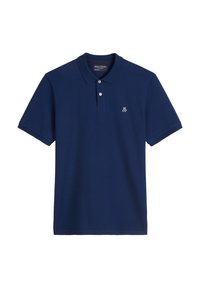 Tmavě modrá bavlněná polokošile s tříknoflíkovou légou, krátkými rukávy a malým bílým logem na levé straně hrudi.