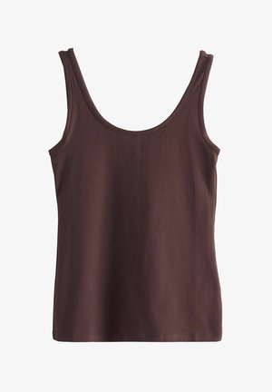 Bruine tanktop van zacht materiaal, met een ronde halslijn en dunne bandjes, met een eenvoudig, naadloos ontwerp en zonder zichtbare accenten.