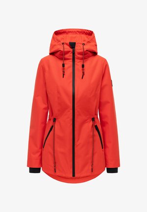 Jasnopomarańczowa kurtka damska z kapturem, czarnym suwakiem oraz regulowanymi sznurkami przy kapturze i talii, długie rękawy z czarnymi, wewnętrznymi mankietami.