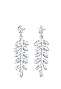 Silberne blattförmige Ohrringe mit detaillierten Knospen und Blättern, mit einem polierten Finish und einem Steckverschluss.