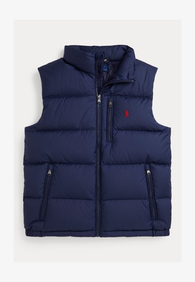 Gilet trapuntato senza maniche blu navy con zip frontale, due tasche laterali con zip, tasca sul petto con zip e logo Polo Ralph Lauren ricamato in rosso.
