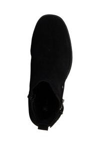 Bottine en suede noir avec une texture lisse, bout rond, fermeture éclair sur le côté et un petit talon. La semelle intérieure est visible.