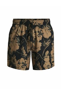 Musta uimapuku, jossa on suuri kukkakuosi beige-sävyissä, joustava vyötärö narulla ja pehmeä, kevyt kangas.