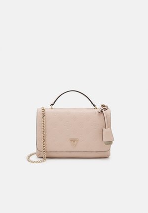 Light pink synthetic handbag with embossed logo pattern, gold hardware, detachable chain strap, and a top handle.