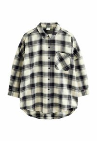 Flanellist särk, millel on beež ja must ruuduline muster, nööbid ees, punktkrae ning üks rinnaTasku koos üleskeeratud varrukatega.
