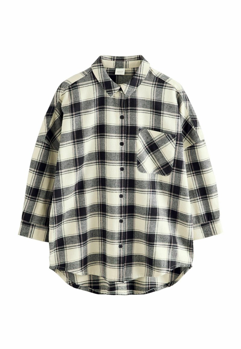 Flanellist särk, millel on beež ja must ruuduline muster, nööbid ees, punktkrae ning üks rinnaTasku koos üleskeeratud varrukatega.