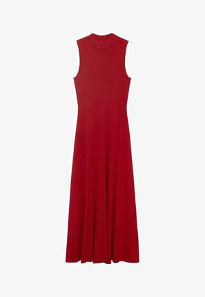 Red sleeveless dress with a high neck, made from a smooth fabric, featuring a flared skirt that extends to the floor.
