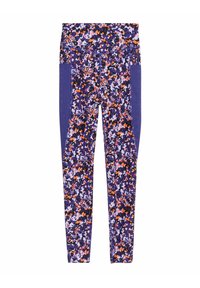 Leggings actives violettes avec un motif floral multicolore et des accents en orange et rose. Fabriqués en tissu extensible et respirant.