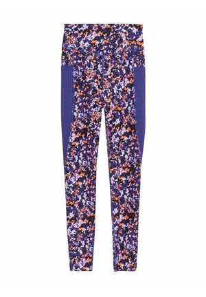 Lila aktiva leggings med ett flerfärgat blommönster och inslag i orange och rosa. Tillverkade av stretchigt, andningsbart tyg.