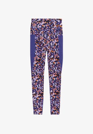 Fioletowe legginsy sportowe z wielokolorowym wzorem kwiatowym z akcentami w kolorze pomarańczowym i różowym. Wykonane z elastycznej, oddychającej tkaniny.
