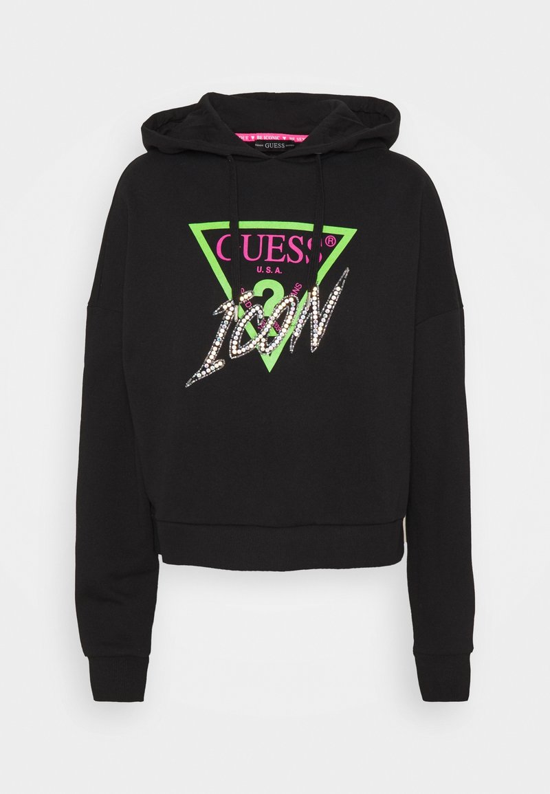 Black cropped hoodie with a drawstring hood. Features a colorful triangular logo in green and pink with "GUESS" and "ICON" in decorative accents.